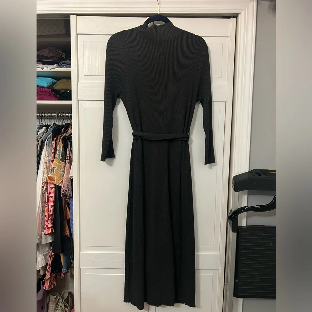 Calvin Klein charcoal grey womens ribbed knit long sleeve belted midi dress - Picture 4 of 5